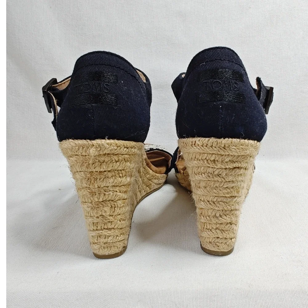 TOMS Womens Rope Clarissa Wedge Shoe  Black White Natural Sandal Espadrilles 5.5